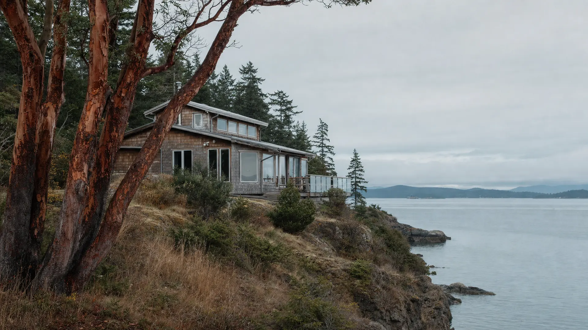 A cedar-shingled island home on a bluff above the water, framed by madrona trees