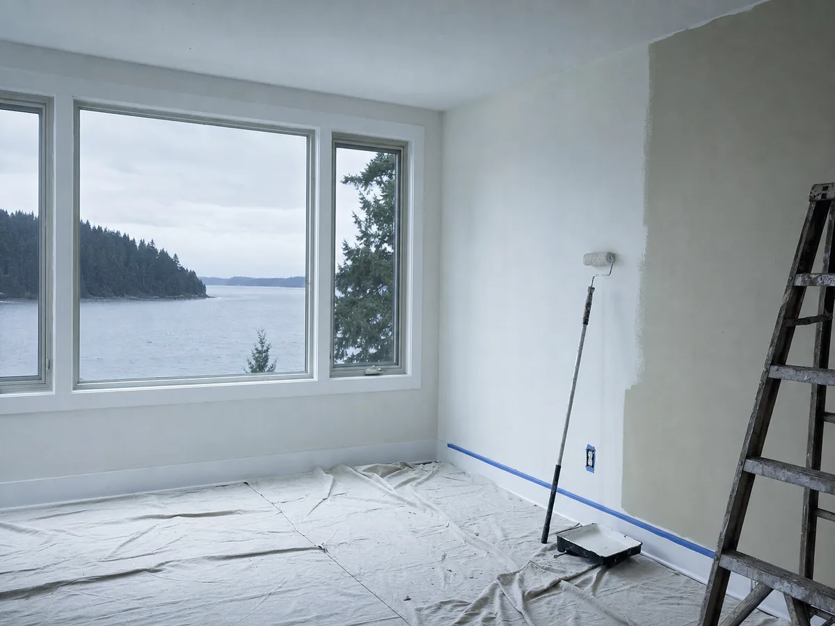 An emptied island room mid-repaint: canvas drop cloths down, baseboard taped, roller against a freshly rolled wall, gray water out the window