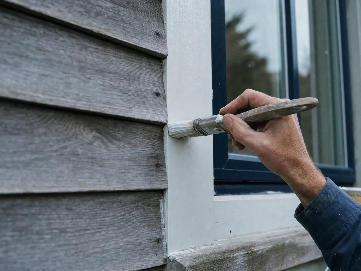 A hand cutting in a crisp line of cool white paint along cedar-sided window trim on an island house