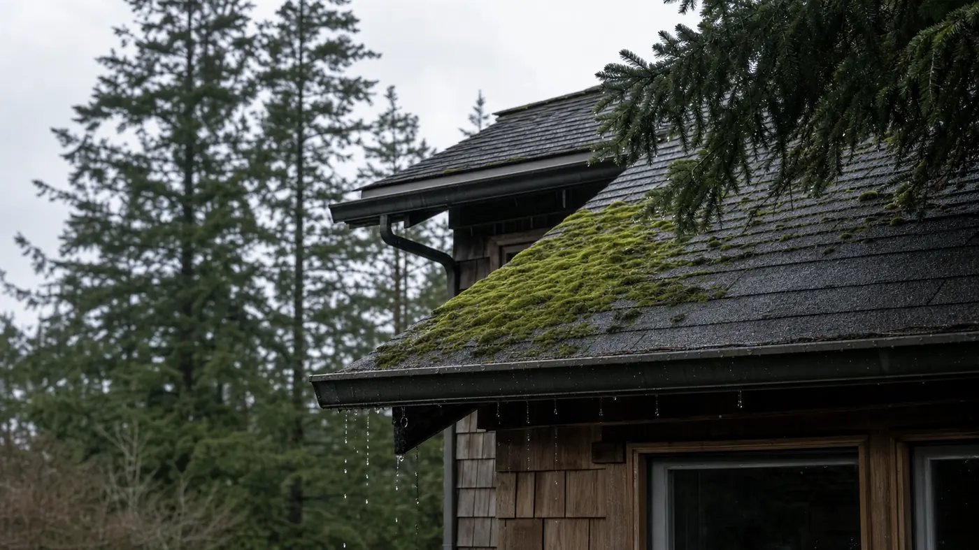 Moss growing along the shaded slope of a shingle roof above a cedar-shingled wall, water dripping from the gutter