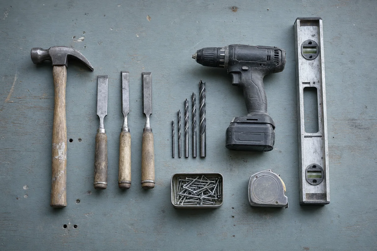 Well-used hand tools laid out in a row on a worn plywood workbench
